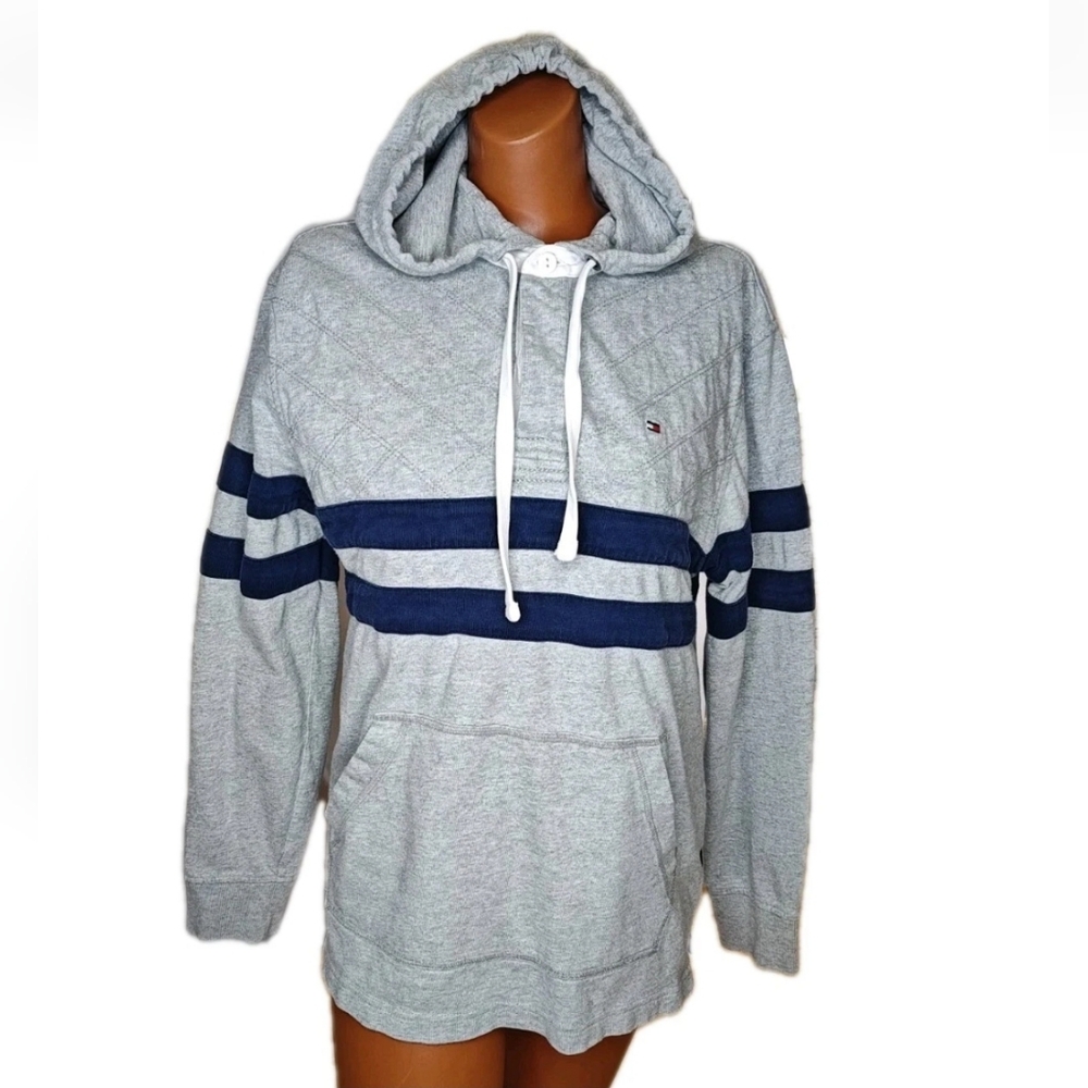 Y2K Tommy Hilfiger Rugby Hoodie Sweatshirt Adult Med Gray Navy Striped Flag Logo